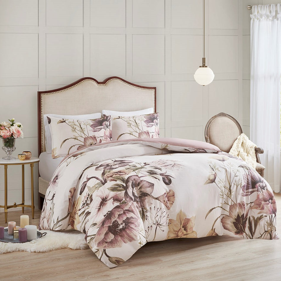 Cassandra 3 Piece Cotton Printed Duvet Cover Set - Blush - Full Size / Queen Size