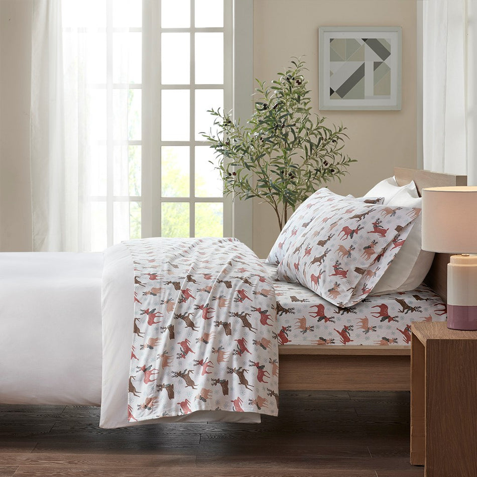 True North by Sleep Philosophy Cozy Cotton Flannel Printed Sheet Set - Reindeer - Twin XL Size