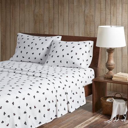 Woolrich Cotton Flannel Sheet Set - Black / White Scottie Dogs - Queen Size