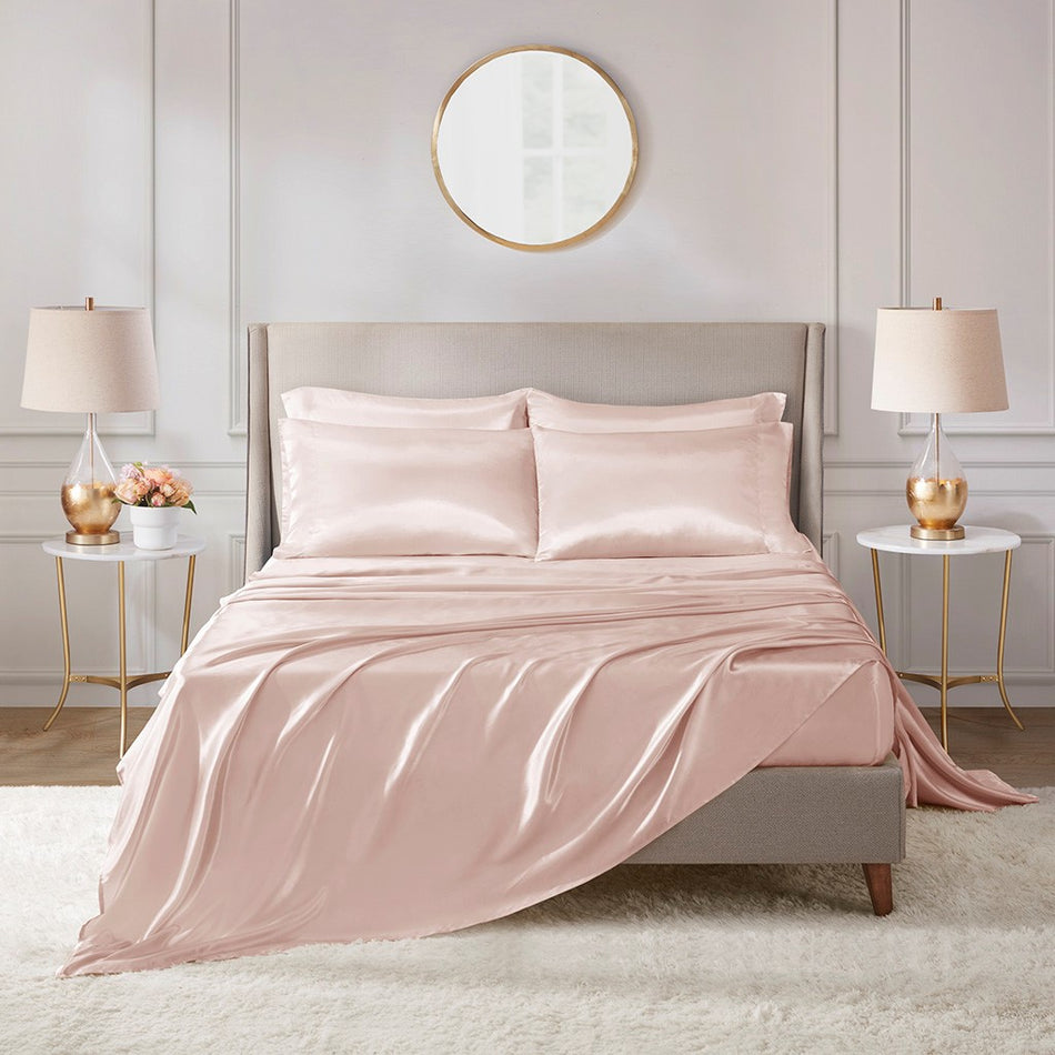 Madison Park Essentials Satin Luxury 6 PC Sheet Set - Blush - Cal King Size