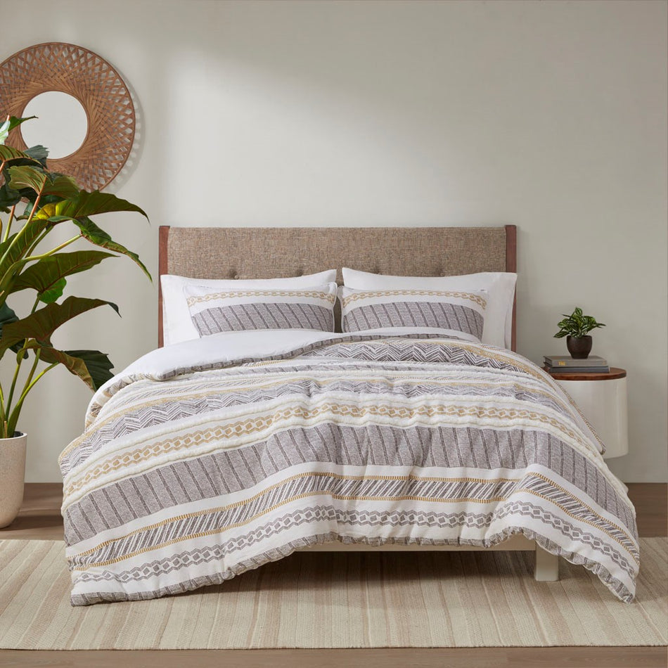 Newton 3 Piece Cotton Printed Duvet Cover Set - Yellow / Charcoal - Full Size / Queen Size