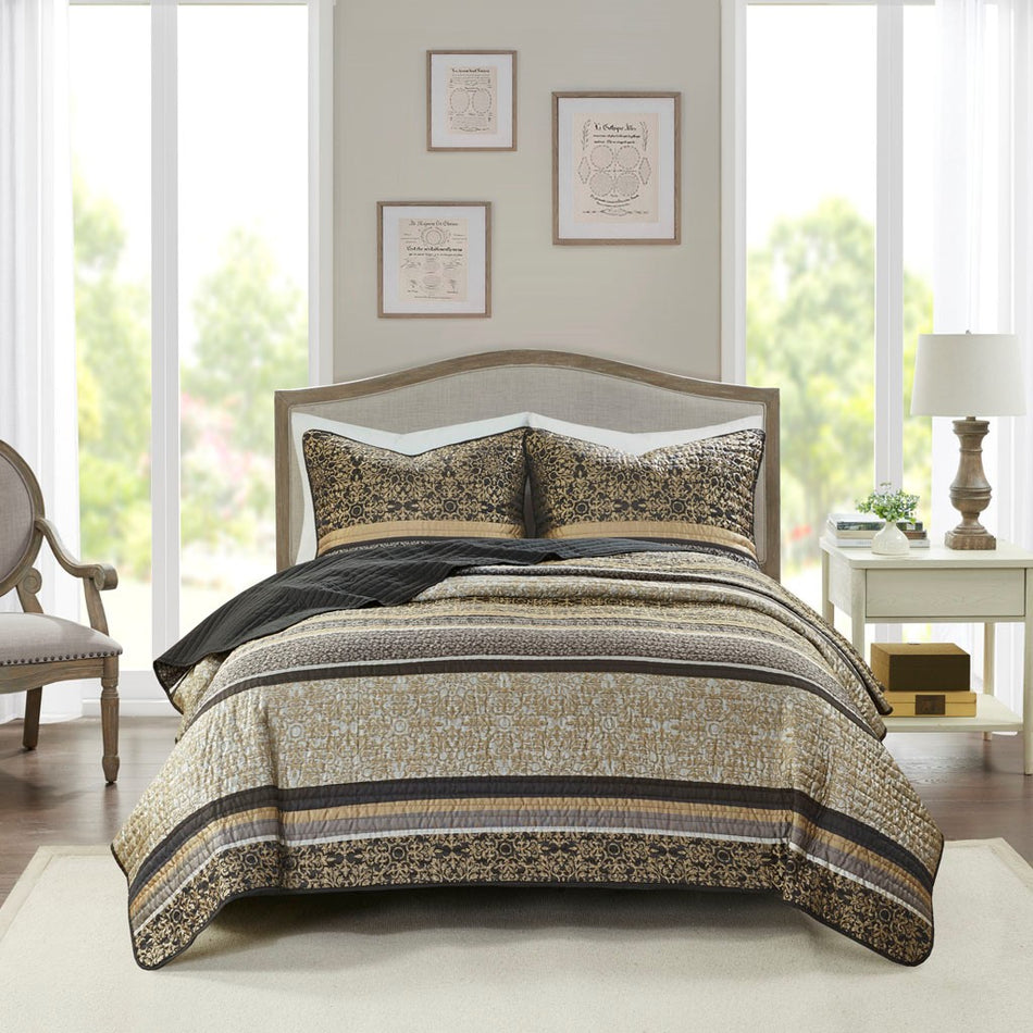 Madison Park Paige 3 Piece Jacquard Quilt Set - Black / Gold - King Size / Cal King Size