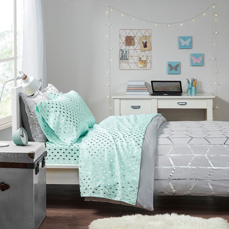 Intelligent Design Metallic Dot Printed Sheet Set - Aqua / Silver - Full Size