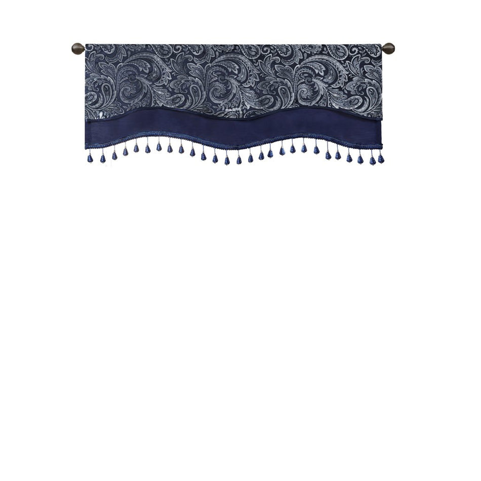 Aubrey Jacquard Window Rod Pocket Valance With Beads - Navy - 50x18"