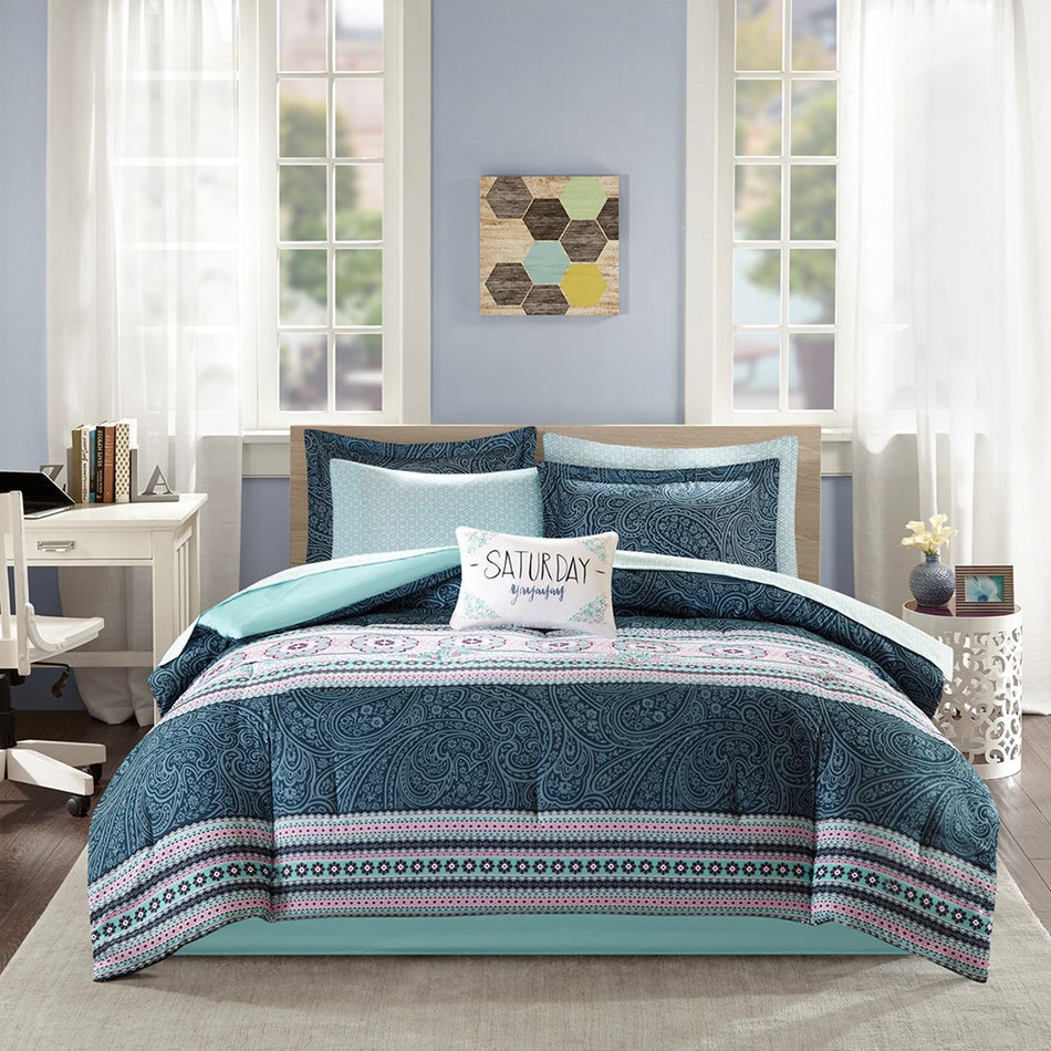 Gemma Boho Comforter Set with Bed Sheets - Blue - Queen Size