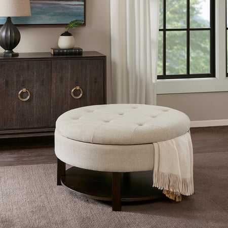 Madison Park Miller Round Storage Ottoman - Cream / Brown 