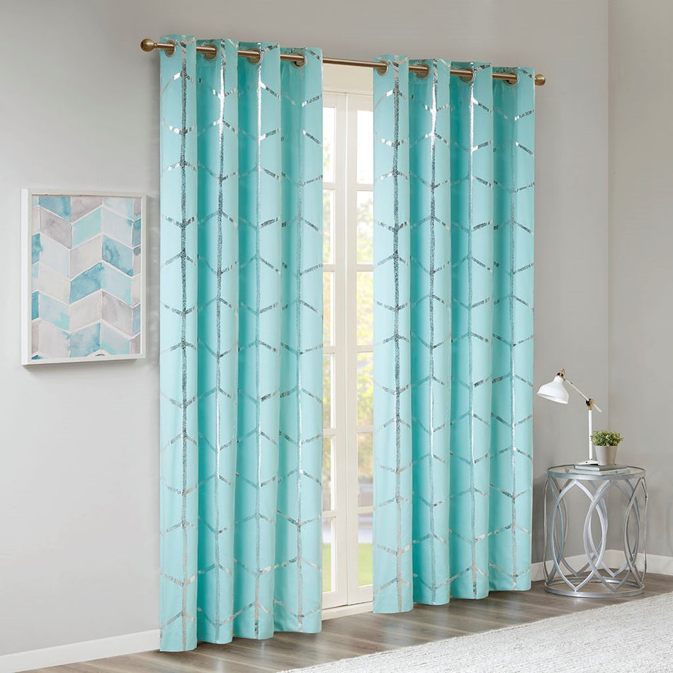 Raina Total Blackout Metallic Print Grommet Top Curtain Panel - Aqua / Silver - 50x63"