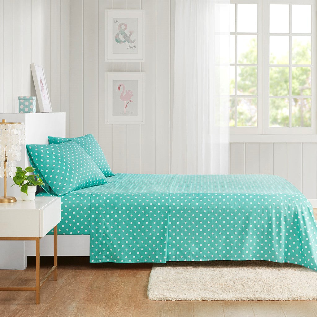 Mi Zone Polka Dot Printed 100% Cotton Sheet Set - Seafoam - Queen Size