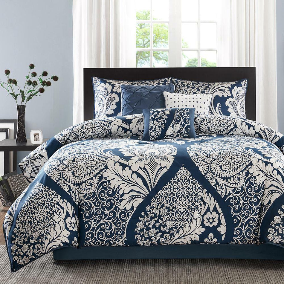 Vienna 7 Piece Cotton Printed Comforter Set - Indigo - Queen Size