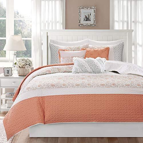 Dawn 6 Piece Cotton Percale Quilt Set with Throw Pillows - Coral - King Size / Cal King Size